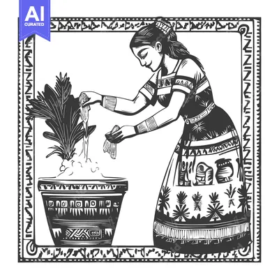Woman Tending to a Plant in a Pot, Surrounded by Ornate Frame