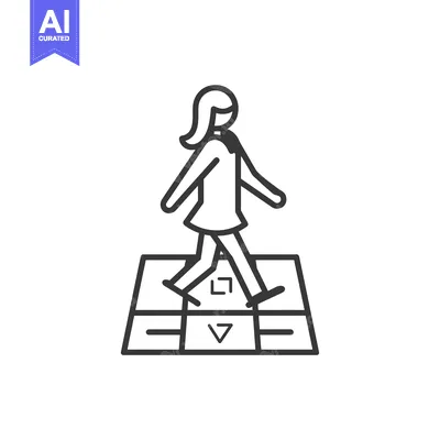 Woman Walking on a Patterned Surface with Directional Arrows