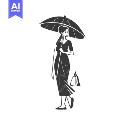 Woman Walking with Umbrella and Shopping Bag