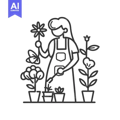 Woman watering potted plants with a watering can