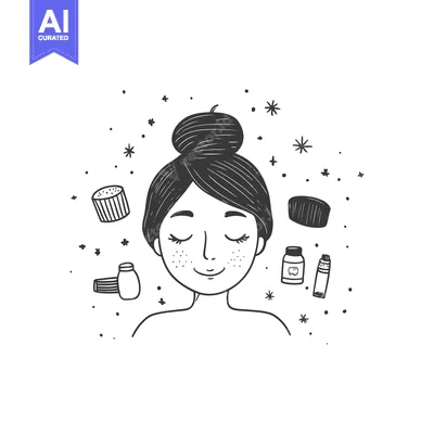 Woman with a bun and freckles surrounded by beauty products