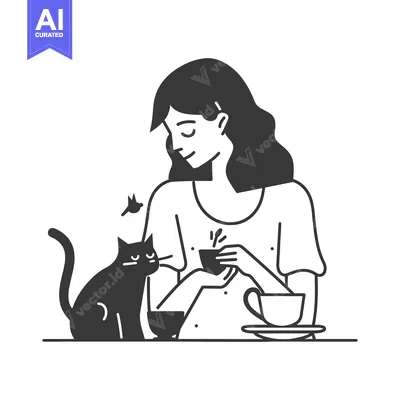 Woman with Cat Drinking Tea at a Table