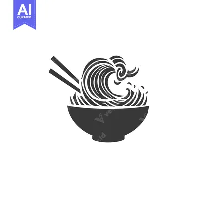 Aset desain premium: A bowl of ramen noodles shaped like a wave with chopsticks