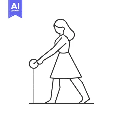 Premium design asset: Woman with long hair walking while holding a walking stick