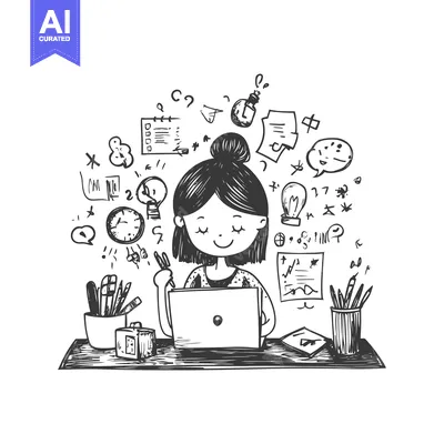Woman Working on a Laptop at a Desk with Many Doodles Surrounding Her