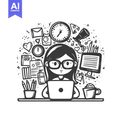 Woman Working on Laptop Surrounded by Doodle Objects