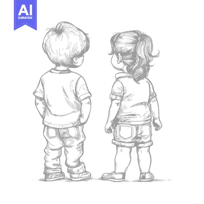 A boy and girl standing back-to-back, drawn in a sketch style