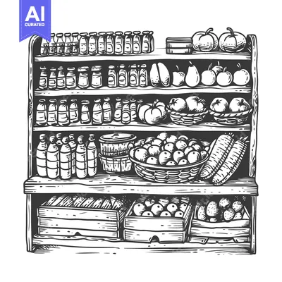 Wooden Shelf with Various Fruits, Vegetables, and Bottles