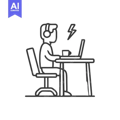Focused Worker Outline: Headphones, Laptop, and Creative Spark Icon