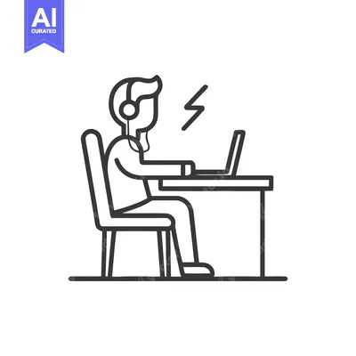Focused Worker: Line Art of Man at Desk with Laptop and Headphones