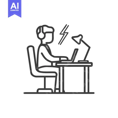 Stressed Worker Outline: Man with Headphones at Desk with Laptop and L