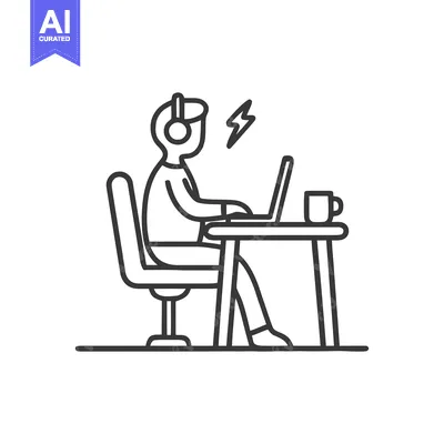 Focused Worker with Headphones at Desk, Lightning Bolt Icon, Line Art