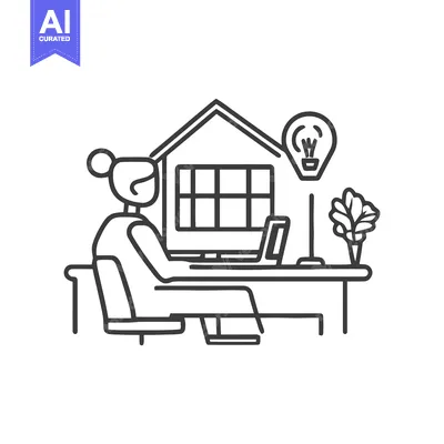Minimalist Line Art: Woman Working at Home with Idea Bulb