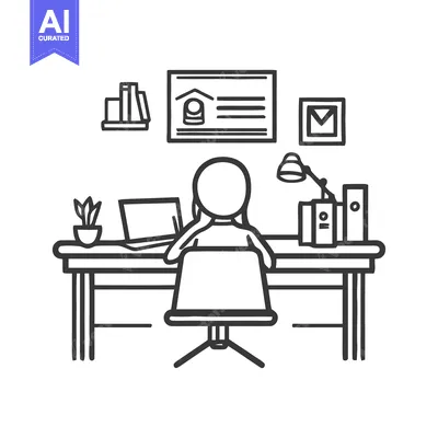 Minimalist Line Art: Woman Working at Desk with Laptop and Office Deco