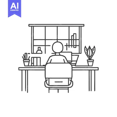 Minimalist Line Art: Person Working at Desk with Plants and Window