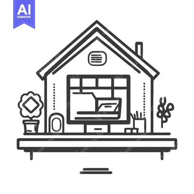 Home Office Icon: Minimalist Workspace with Computer and Plants in Hou