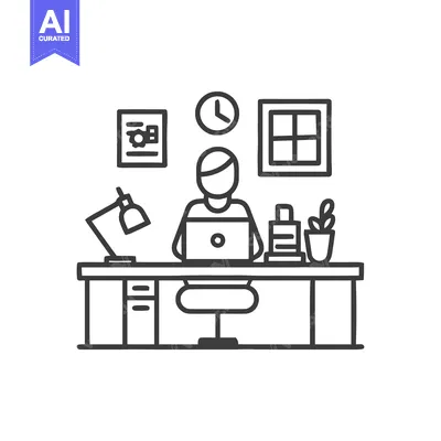 Minimalist Line Art: Person Working at Desk with Laptop and Lamp