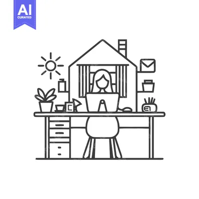 Minimalist Home Office: Woman Working at Desk with House Icon Backdrop