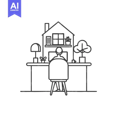 Minimalist Home Office Line Art: Person Working at Desk with Houseplan