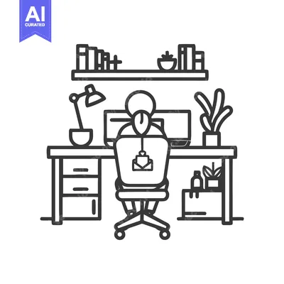 Minimalist Line Art: Person at Desk with Computer and Bookshelf