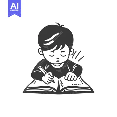 A boy diligently writing in his open book with a pencil