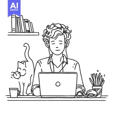 Cozy Home Office: Doodle Illustration of Person Working with Cat and B