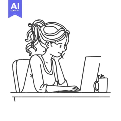 Contemplative Woman Working on Laptop, Minimalist Line Art Illustratio