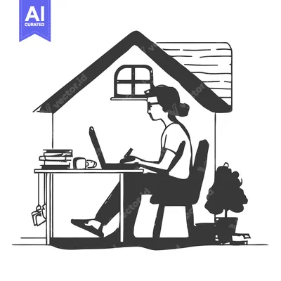 Stylized Home Office: Woman Working on Laptop Under House Silhouette