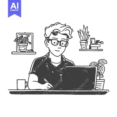 Hand-Drawn Illustration of Man Working at Laptop with Plants and Coffe