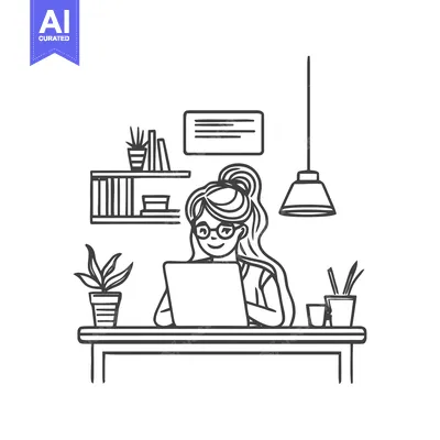 Focused Woman Working on Laptop at Desk, Line Art Illustration