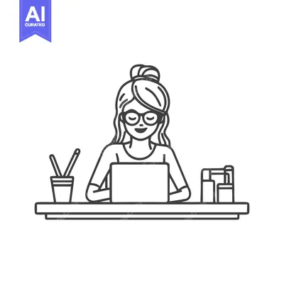 Minimalist Line Art: Woman Working on Laptop at Desk with Office Suppl