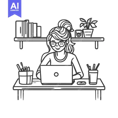 Line Art: Smiling Woman Working at Desk with Laptop and Bookshelves