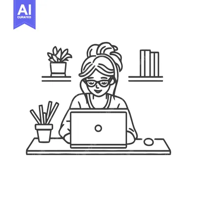 Line Art: Woman Working on Laptop at Desk with Plants and Books