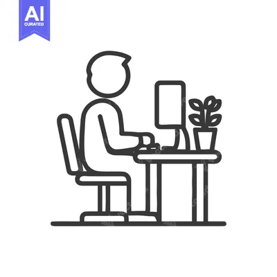 Minimalist Line Art: Person Working at Computer with Plant