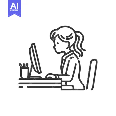 Minimalist Line Art: Woman Working at Computer Desk with Office Suppli
