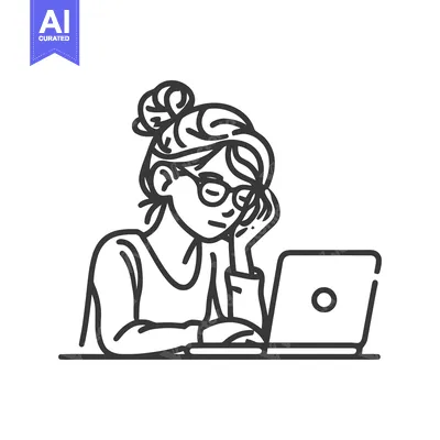 Aset premium populer: Exhausted Woman with Laptop: Minimalist Line Art Illustration of Burno