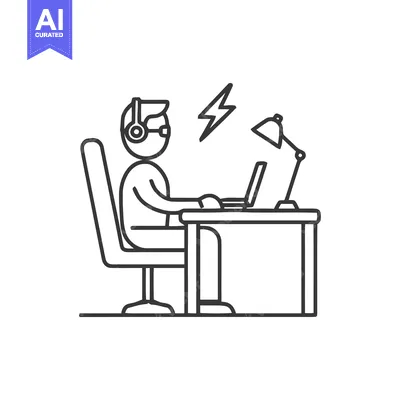 Frustrated Worker Outline: Man at Desk with Laptop and Lightning Bolt