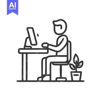 Minimalist Line Art: Person Working at Desk with Plant