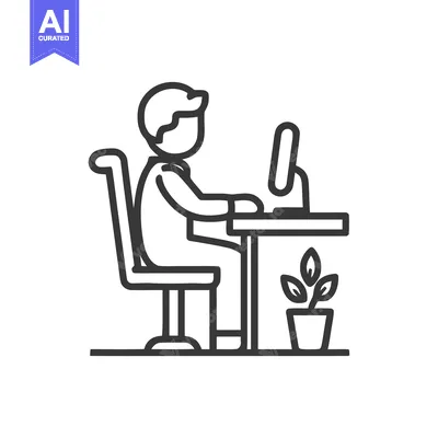 Minimalist Line Art: Person Working at Desk with Computer and Plant