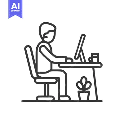 Minimalist Line Art: Man Working at Desk with Computer and Plant