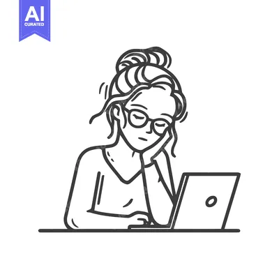 Exhausted Student Doodles: Line Art of Burnout with Laptop