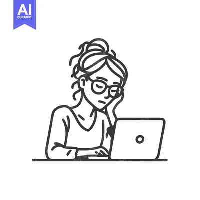 Exhausted Woman Working on Laptop, Minimalist Line Art Illustration