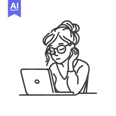 Aset premium populer: Line Art: Woman with Glasses Working on Laptop, Hand on Cheek