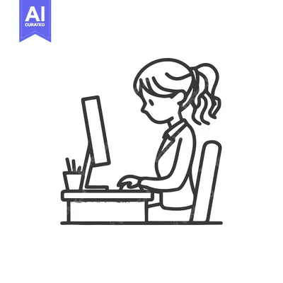 Line Art: Woman Working at Computer Desk with Ponytail Hairstyle