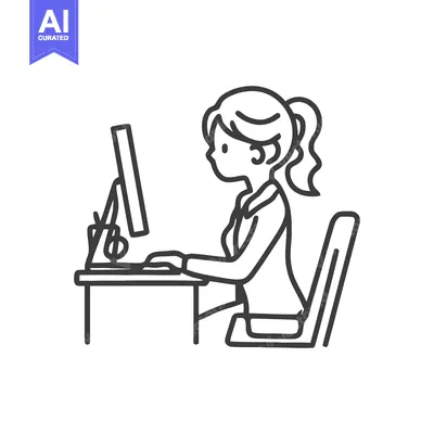 Minimalist Line Art: Woman Working at Computer Desk Illustration