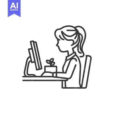 Minimalist Line Art: Woman Working at Computer with Plant