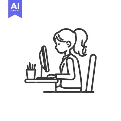 Minimalist Line Art: Woman Working at Computer Desk with Pencil Holder