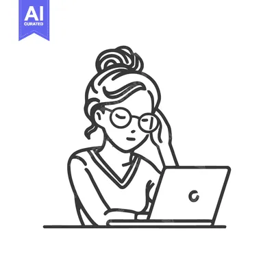 Line Art: Woman with Glasses Working on Laptop, Hand on Head