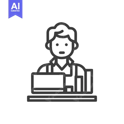 Minimalist Icon: Man Working at Desk with Laptop and Books
