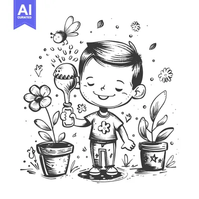 Aset desain premium: A Boy Joyfully Watering Plants With a Sprinkler